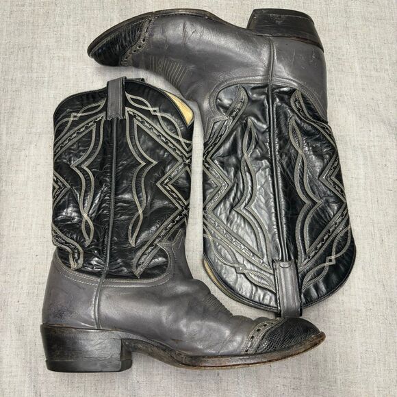 Tony Lama Vintage Cowboy Boots Grey Black Leather Western Top Stitching Size 9 - Picture 11 of 11